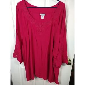 Catherines Woman 5X Pink Tunic Blouse 3/4 Sleeve Paisley Open Embroidery...